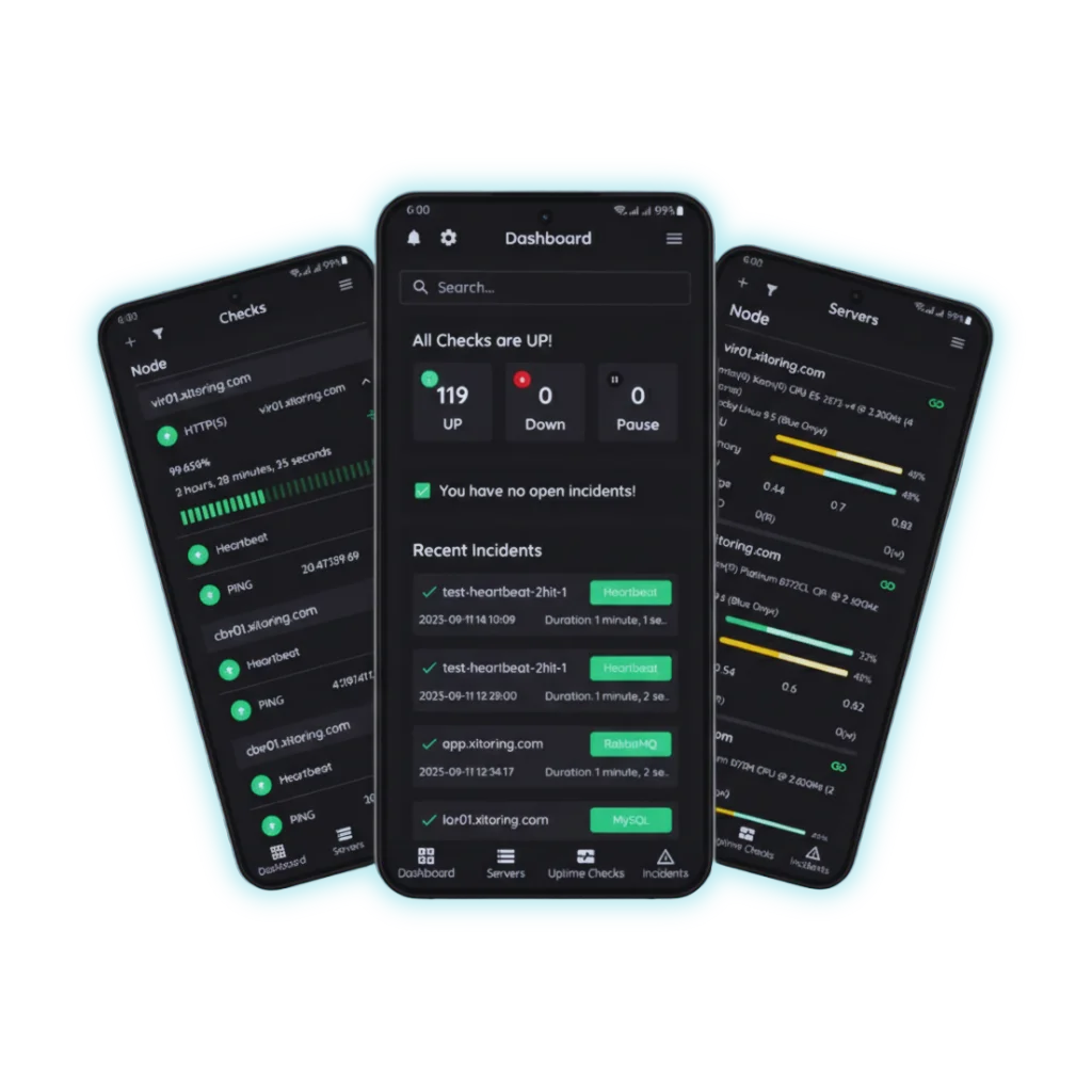 Xitoring mobile app on iPhone and Android showing server monitoring dashboard
